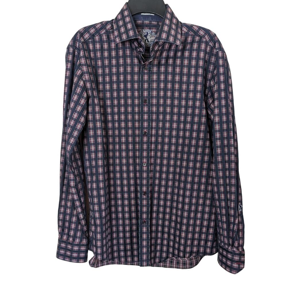 Bugatchi men shaped fit plaid navy button up dress shirt long sleeve Medium